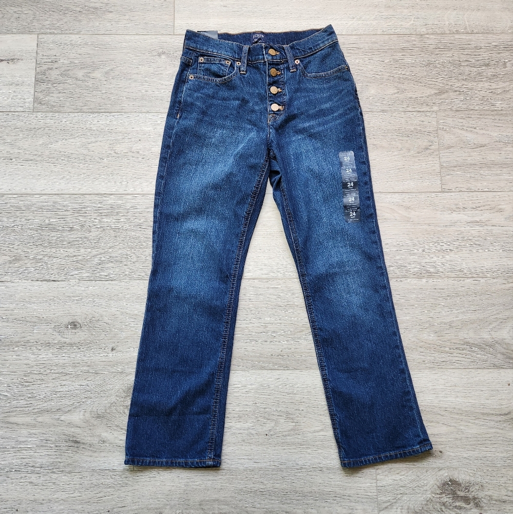 J Crew Mid Rise Flare Crop Jeans Womens 24 Medium Wash Reimagined Buttons Nwt